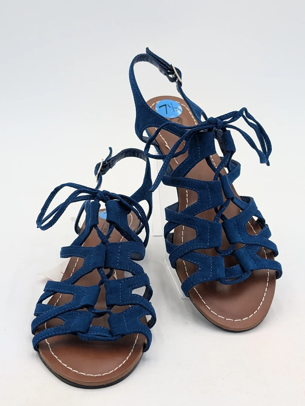 NWT Carlos Kiara2 Sz 7.5 Strappy Low-Wedge Rich Blue Fabric Upper Silver Buckles